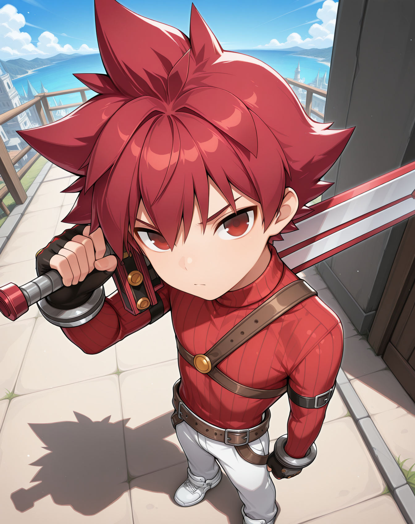 masterpiece, amazing quality, best quality, absurdres, very aesthetic,
1boy, solo, yaoi, male focus, full body, from above, standing, looking at viewer, face focus,
<lora:Elsword_Base_ilxl:1> elswordbase, red eyes, spiked hair, red hair,
ribbed sweater, white pants, fingerless gloves, belt, red shirt, sneakers, white footwear, 
holding sword, holding weapon, sword over shoulder, weapon over shoulder, left-handed, 
outdoors, day, blue sky,