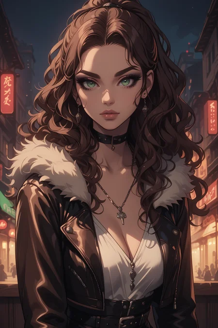 <lora:add-detail-xl:3> score_9,score_8_up,score_7_up,score_6_up, volumetric lighting, dynamic shading, 1woman, sexy, seductive, alluring, mature, thick eyebrows, thick eyeliner, dark eyeshadow, full lips, lips parted, huge breasts, looking at viewer,
BREAK
<lora:Squall:1> squall, cropped leather jacket, fur trim, white halter top, lion necklace, black leather pants, two brown leather belts, ponytail, brown hair, high ponytail, wavy hair, green eyes, very long hair, jewelry, choker,
BREAK
<lora:GLSHS:0.8> GLSHS, partially illuminated