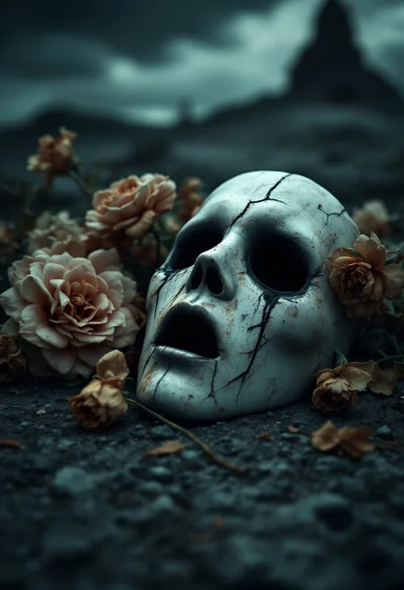 An evocative, high-resolution photo capturing the haunting essence of 'The Silent Void'. A decaying, empty mask lies on a rugged surface, its silent scream a chilling reminder of the pain hidden beneath the facade. The mask is surrounded by a melancholic arrangement of withered flowers, their once-vibrant colors now faded to muted shades. The atmospheric background features a dark, stormy sky, hinting at an impending deluge that mirrors the emotional tempest within. The cinematic composition, enhanced by the vivid contrast and subtle textures, draws the viewer into this poignant portrayal of the struggle between outward appearances and the internal storm that rages unseen
