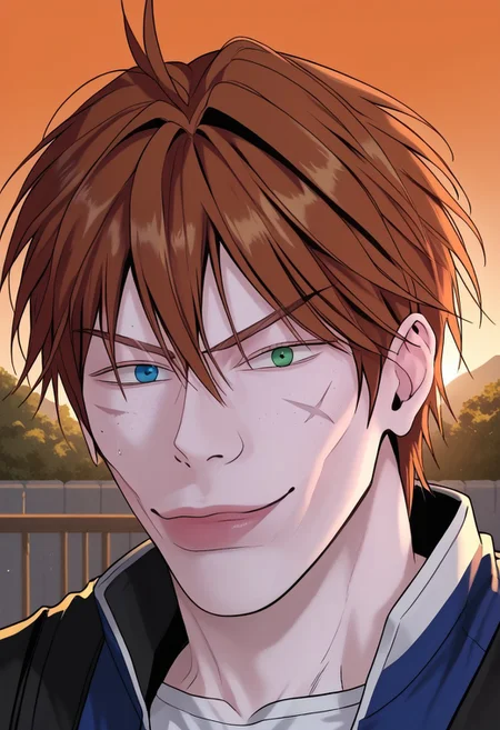 score_9, score_8_up, score_7_up, score_6_up, source_anime, 2d, 1boy, sweaty, sluttish, lewd, athletic build, abs, pecs, <lora:add_detail:0.3>, handsome blue and green eyes boy, athletic body, full scars, manly boy, male focus, solo, <lora:Chaos__Hero_Killer__Manhwa__webtoon:0.92>, Chaos, heterochromia, blue eye, green eye, auburn hair, middle hair, scars all over the body, perfect face, (perfect face, perfect eyes:1.2), looking at viewer, bishounen, toned male, athletic build, large pectorals, abs, six pack, pecs, cute boy in his mid twenties, ruanyi0940, bare shoulders, see-through tank top, shiny clothes, <lora:0940 Transparent Dress_v1_pony:1>, white tank top, (((sitting at edge of rooftop, legs dangling into the air))), six pack, scar all over the body, detailed hair, detailed face, detailed eyes, detailed clothes, detailed skin, ultra-detailed, (upper body), (top quality), extremely detailed, extremely detailed CG, (high resolution), highly detailed, (high quality), (perfect quality), (vibe colors), detailed mouth, detailed ears, detailed eyes, detailed clothes, detailed nose, perfect ears, two colored eyes, perfect face, detailed face, extremely detailed hair, masterpiece, best quality, muscular, high quality, UHD, 4K, Intricate Details, extremely detailed wallpaper, perfect lighting, forest background, very handsome face, full body scar, detailed nose, heterochromia, blue eye, green eye, perfect nose, sunset, SkylerWhiteYo, closed mouth, smile, <lora:KzyGuyMeme:1>