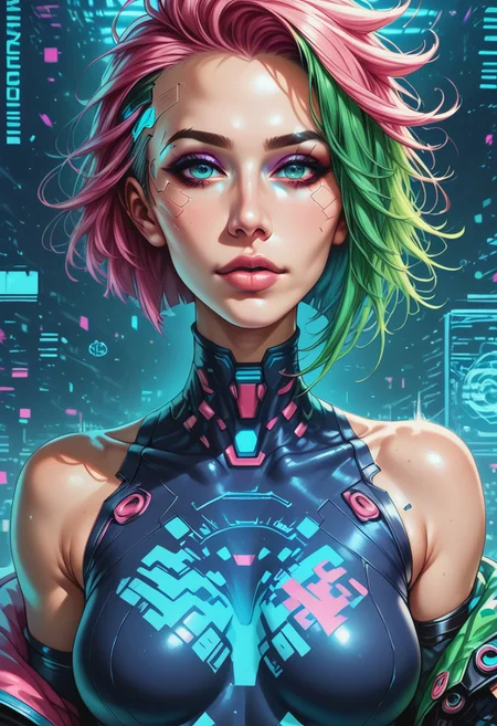 score_9,score_8_up,score_7_up,best quality,very aesthetic,absurdres,masterpiece,colourful,
1girl,solo,asymmetrical hair,short hair,blue hair,green hair,pink hair,multicolored hair,blue eyes,eyeliner,eyeshadow,makeup,bare shoulders,looking at viewer,(cyberpunk),hlpr,futuristic,hologram,glitch,holographic face,ui,interface,nodes,particles,(glowneon),(glowing), (western:0.6), (european:0.6)