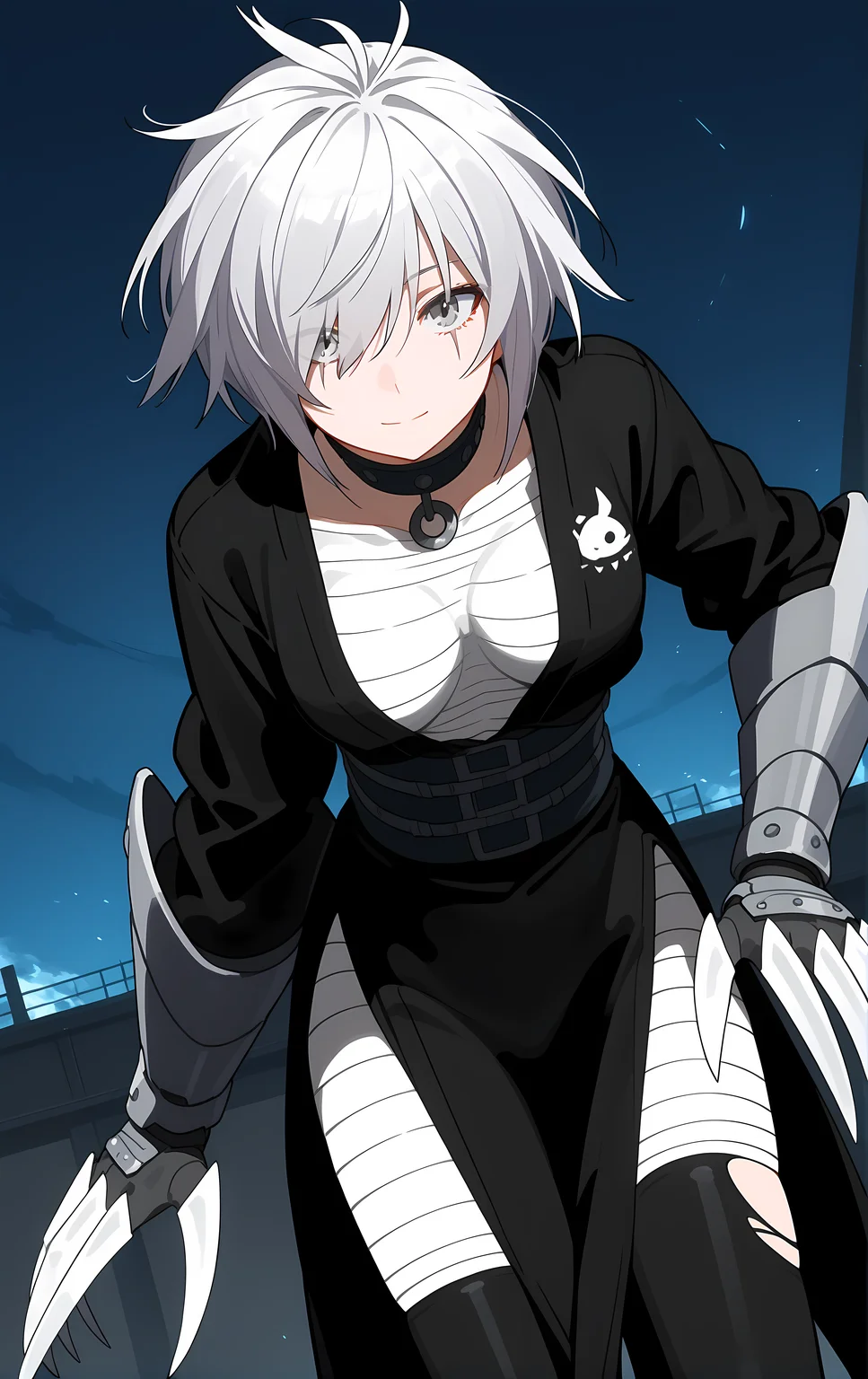 (score_9, score_8_up, score_7_up), standing, leaning forward, looking at viewer, light smile, closed mouth, shiny skin, tight clothes,
ohwx, 1girl, solo, solo_focus, breasts, medium_breasts, hair_over_one_eye, short_hair, white_hair, grey_hair, grey_eyes,
bandages, claw_\(weapon\), claws, torn_clothes, japanese_clothes, choker, sarashi, belt, scar, sash, boots, gauntlets, spikes, long_sleeves,
rooftop, post-apocalypse, dusk,
cowboy shot, dutch angle, close-up,
<lora:haihane_pony_ss:1>