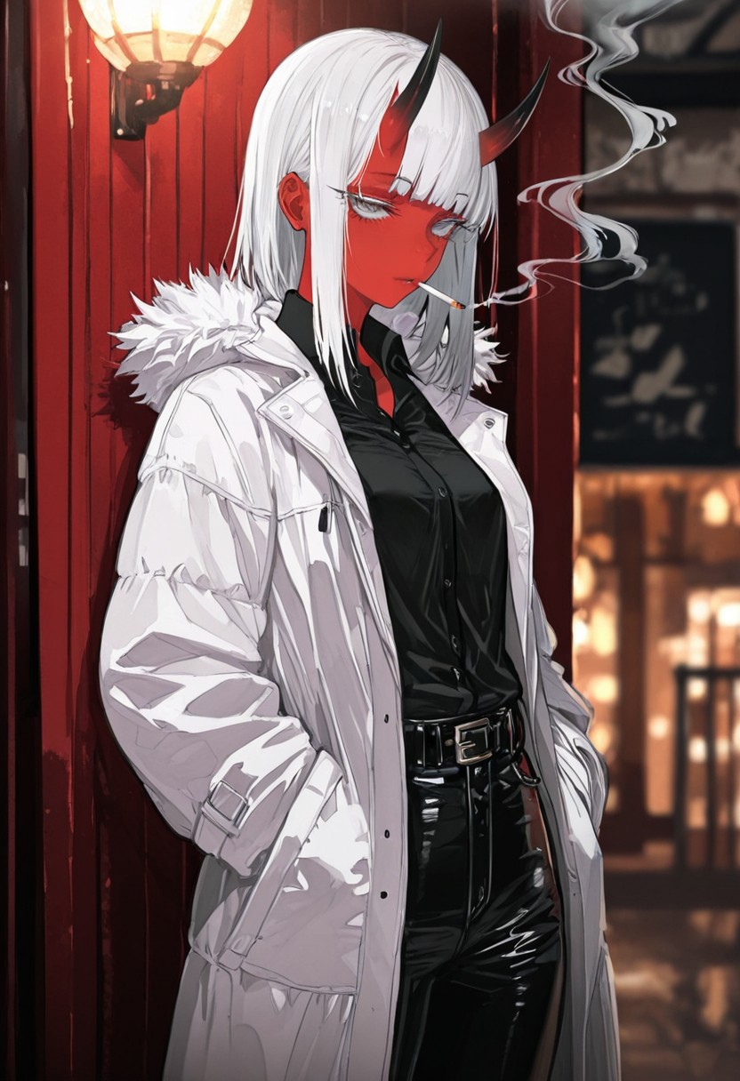 masterpiece, amazing quality, best quality, ultra-detailed, 8K, illustrating, CG, bioluminescent skin, ultra-detailed-eyes, detailed background, cute girl, eyelashes, lowlight
BREAK
sexy, slutty, hot, aroused, 
Aka-Oni, oni, colored skin, red skin, smooth horns, black horns
BREAK
(EyesHD:1.2), (4k,8k,Ultra HD), masterpiece, best quality, ultra-detailed, very aesthetic, sharp focus, depth of field, ray tracing, best lighting, detailed illustration, detailed background, cinematic, beautiful face, beautiful eyes, 
BREAK
detailed background, eyelashes, erotic, looking seductive, coy. dynamic action image, detailed face, detailed eyes, direct mesmerizing gaze, 
BREAK
, cigarette, shirt, coat, hands in pockets, smoking, pants, black pants, black shirt, grey eyes, collared shirt, white coat, smoke, bangs, mouth hold,
