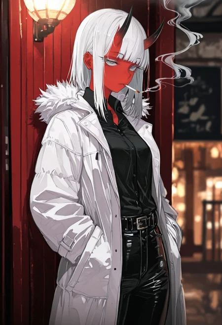 masterpiece, amazing quality, best quality, ultra-detailed, 8K, illustrating, CG, bioluminescent skin, ultra-detailed-eyes, detailed background, cute girl, eyelashes, lowlight
BREAK
sexy, slutty, hot, aroused, 
Aka-Oni, oni, colored skin, red skin, smooth horns, black horns
BREAK
(EyesHD:1.2), (4k,8k,Ultra HD), masterpiece, best quality, ultra-detailed, very aesthetic, sharp focus, depth of field, ray tracing, best lighting, detailed illustration, detailed background, cinematic, beautiful face, beautiful eyes, 
BREAK
detailed background, eyelashes, erotic, looking seductive, coy. dynamic action image, detailed face, detailed eyes, direct mesmerizing gaze, 
BREAK
, cigarette, shirt, coat, hands in pockets, smoking, pants, black pants, black shirt, grey eyes, collared shirt, white coat, smoke, bangs, mouth hold,