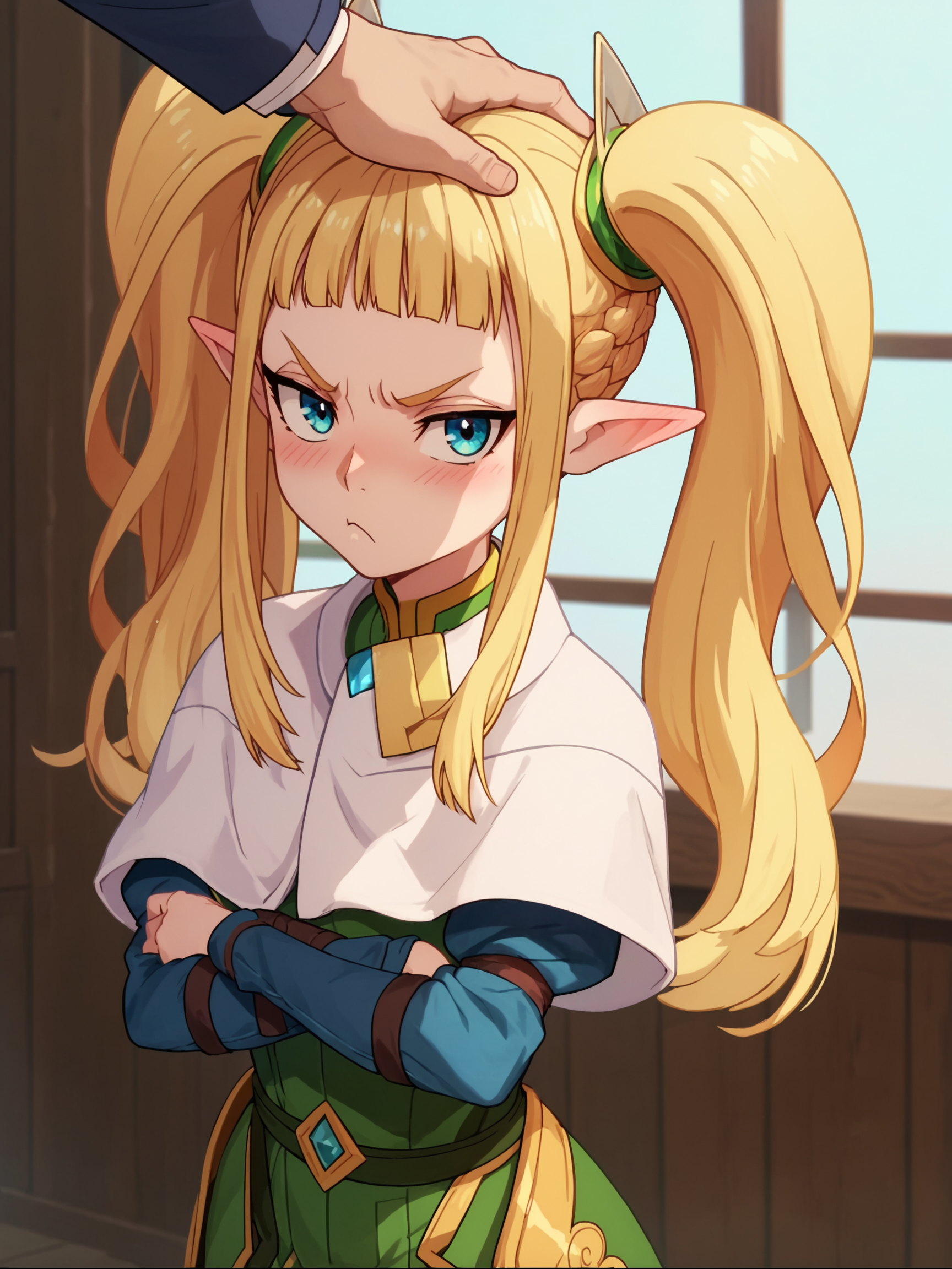 score_9, score_8_up, score_7_up, score_6_up, score_5_up, score_4_up, anime screencap,
1girl, filimos <lora:filimos_harrifenas-PD-1.0:1>,
hand on another's head, pout, angry, looking at viewer, crossed arms, blush