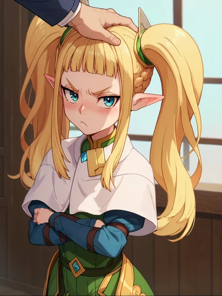 score_9, score_8_up, score_7_up, score_6_up, score_5_up, score_4_up, anime screencap,
1girl, filimos <lora:filimos_harrifenas-PD-1.0:1>,
hand on another's head, pout, angry, looking at viewer, crossed arms, blush