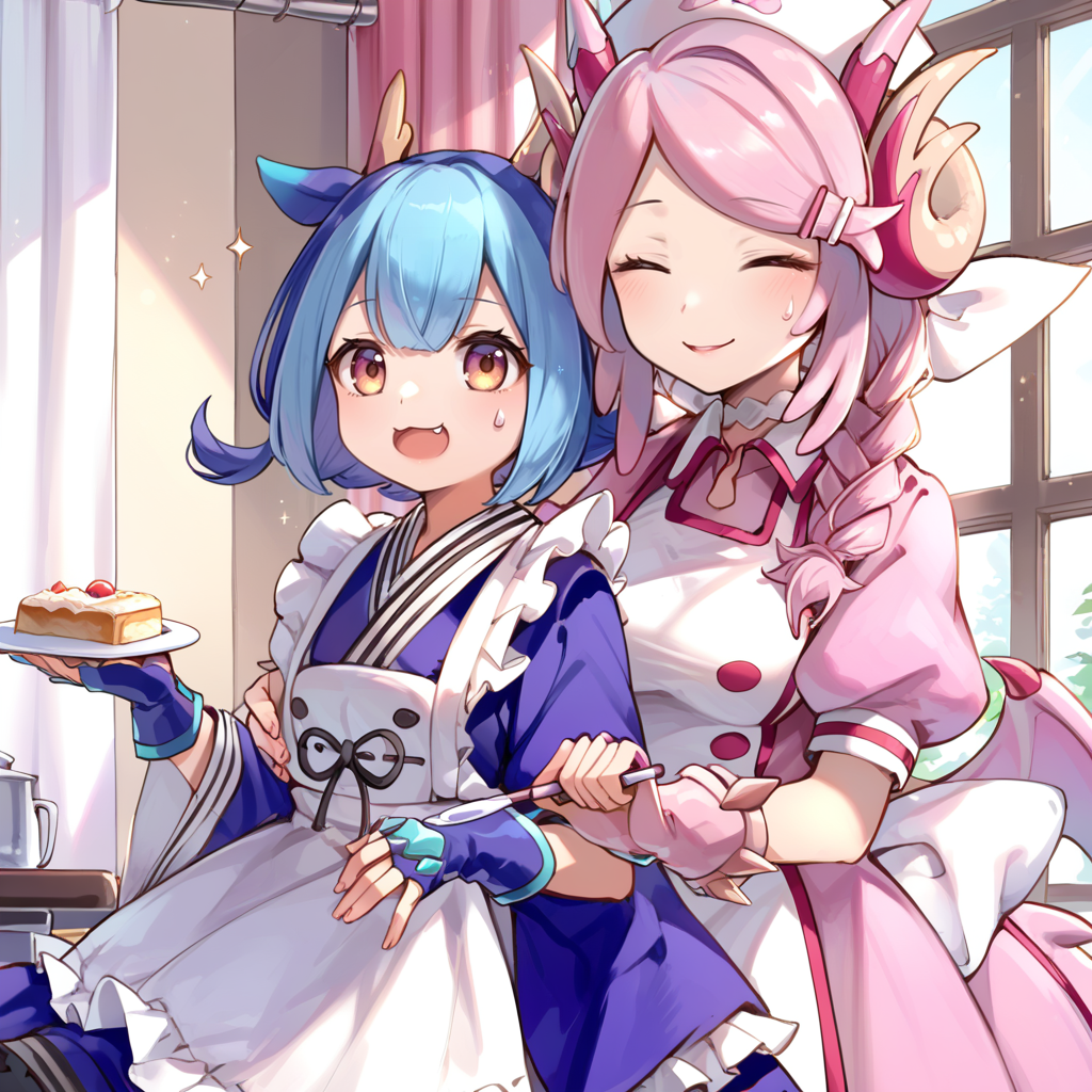 (score_9:0.9),score_8_up,score_7_up,anime style,rating_safe,(zPDXL),<lora:Nurse dragonmaid ponyXL v1:0.8>,nurse cap,pink wings,score_9,source_anime,nurse dragonmaid,nurse dress,pink fingerless gloves,laundry dragonmaid,blue maid outfit,blue fingerless gloves,multiple girls,holding,open mouth,2girls,closed eyes,indoors,curtains,sidelocks,sparkle,food,smile,window,sweatdrop,upper body,medium breasts,