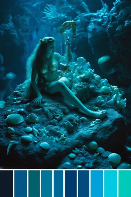 <lora:Cinema Color Palette:1>Color Palette - An underwater grotto illuminated by bioluminescent creatures. A mermaid lounges on a rock, playing a harp made of seashells.