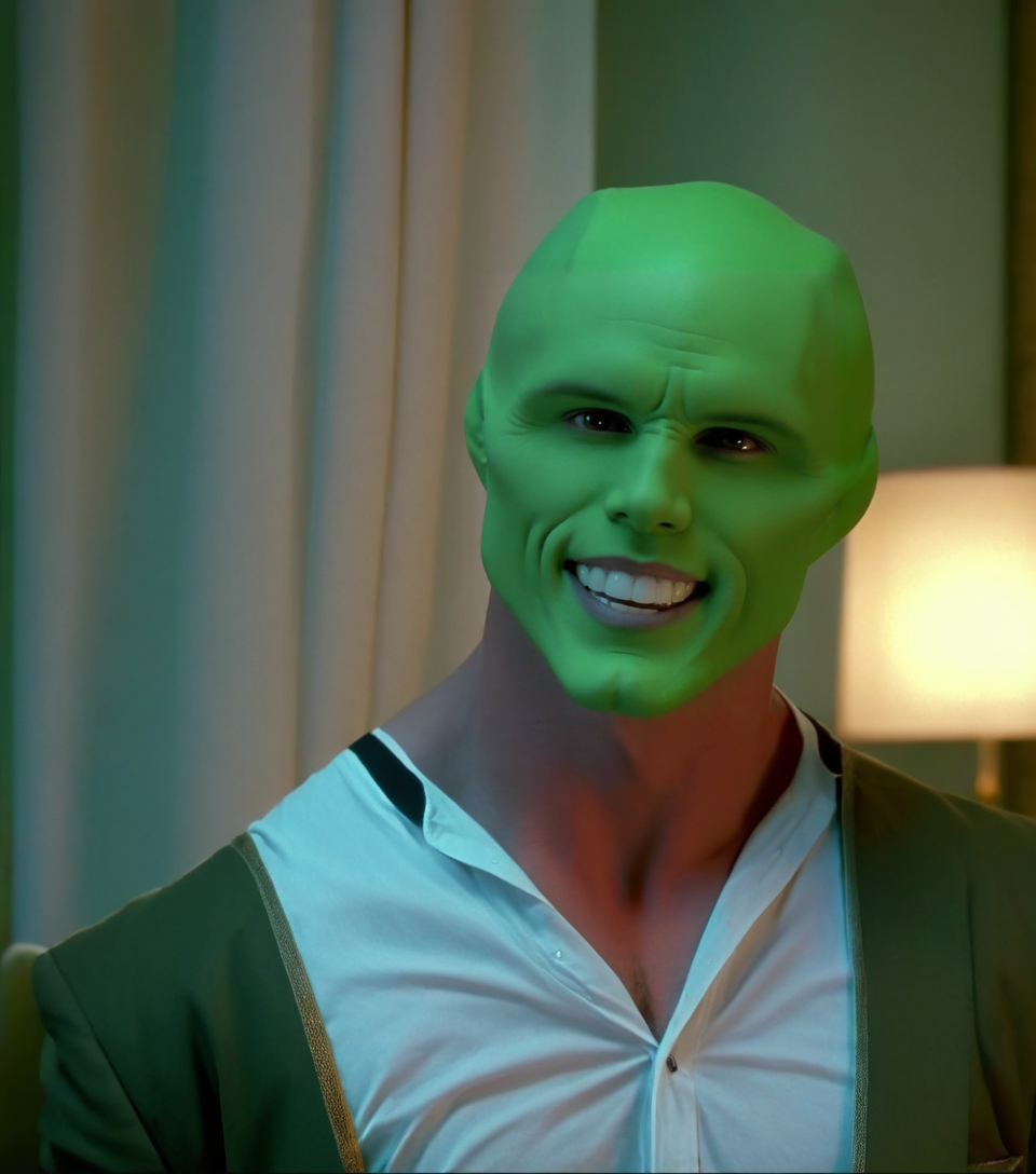 an extremely sexy muscular bald handsome attractive man with a sexy (((green head))), a sexy green model face, a sexy strong jawline, sexy wide shoulders, sexy handsome detailed bright eyes and huge beautiful white teeth in a room a night, highly detailed, best quality <lora:1990's The Mask 1994 style xl v1:1.5> 1990's
solo, looking at viewer, smile, grin, high budget,  cinemascope, moody, epic, gorgeous
