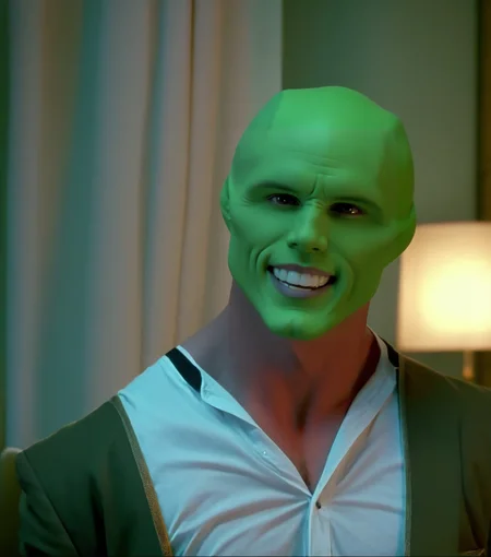 an extremely sexy muscular bald handsome attractive man with a sexy (((green head))), a sexy green model face, a sexy strong jawline, sexy wide shoulders, sexy handsome detailed bright eyes and huge beautiful white teeth in a room a night, highly detailed, best quality <lora:1990's The Mask 1994 style xl v1:1.5> 1990's
solo, looking at viewer, smile, grin, high budget,  cinemascope, moody, epic, gorgeous