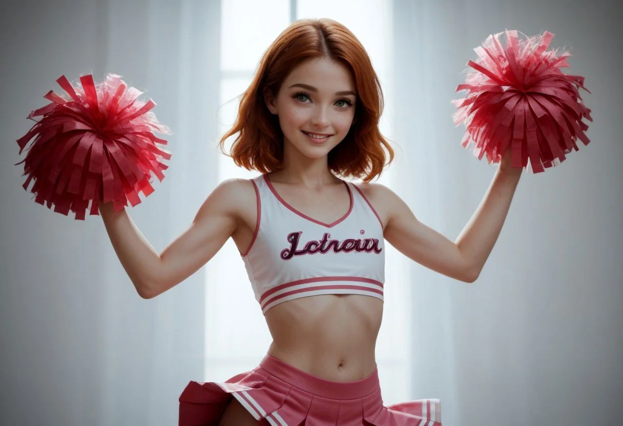 score_9, score_8_up, score_7_up, a sexy female cheerleader, (red hair, ginger, medium length hair), green eyes, pink panties, sexy face, beautiful, detailed face, perfect face, perfect eyes (pink and white striped stockings), slim thighs, fat ass, slender waist, tummy, flat chest, large erect nipples, crop top, very cute look on face, shy smile, alluring face, alluring gaze, 18 years old, very aesthetic, (best quality), (colorful), (detailed), ultra quality, 32K, cinematic lighting, volumetric lighting, pompoms, doing the splits