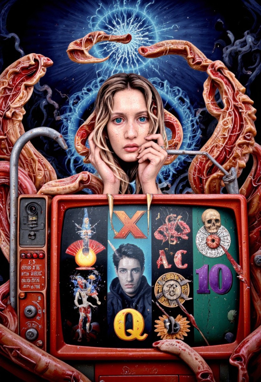 Slot machine graphics from front view . Disturbing scenes of addiction, people injecting drugs heroin, white powder, drinking alcohol smoking cigarettes. very strange surrealist style with holographic vortex featuring swirls of holotropic colour and glowing eyes wet distorted factory shot. On the television sets are glowing hands, with electricity coming off the finger tips. swirling around her head are holograms of  glyphs chaos magick symbols. the room has thick electricity cables and smoke is coming off them. large wet glistening slices of wet soggy ham and hot dogs are floating in the air, dripping gooey sauce combining mustard and blood, there are multiple wet hotdogs floating. on the wall in the background are photos of nuclear explosions