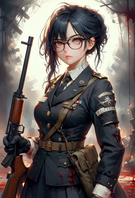FFROA, full body, 1girl, a soldier, victorian rifle, perfect face, black gloves, ss uniforms, black messy hair, glasses, scar on face, blood on uniforms,