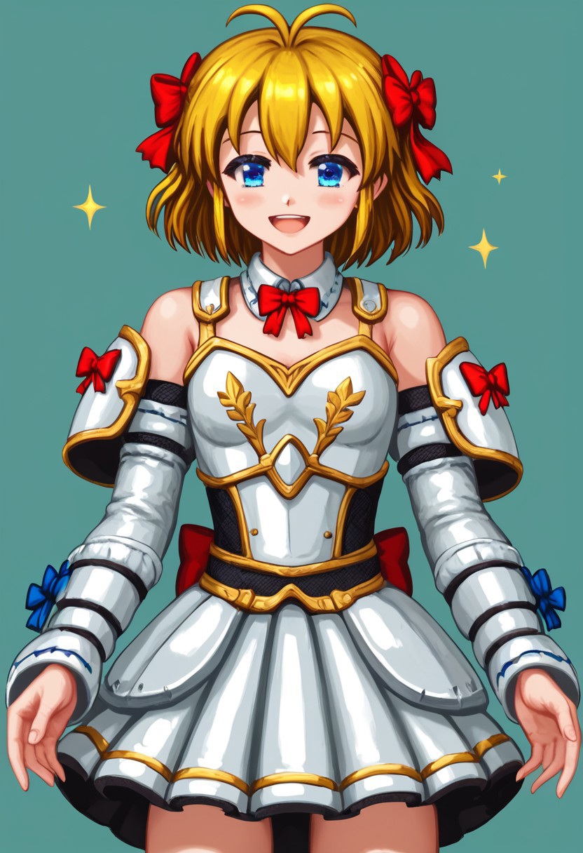 score_4,score_5,score_6,score_7_up,score_8_up,score_9
((masterpiece,best quality,ultra detailed,highres,HD,4k:1.2)),
1girl, solo, yellow hair,blue eyes, short hair, blonde hair,petite,young, 
white armor,thighhighs, zettai ryouiki, bow,detached sleeves, red hair bow, antenna hair, skirt,
Eyes sparkling, eyes shining, open mouth, happy, smile,