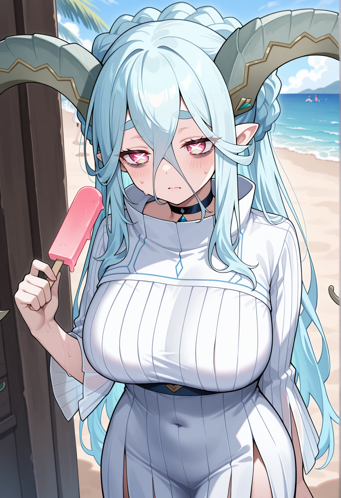 1girl, age progression, big breasts, 1girl, horns, pointy ears, blue hair, symbol-shaped pupils, pink eyes, long hair, braid, choker, white dress, long sleeves, high collar, messy hair, tired, sweat, bags under eyes, holding holding popsicle, outdoors, beach <lora:tiamat_illus:1>, masterpiece, best quality, amazing quality, very aesthetic, absurdres, highres, newest