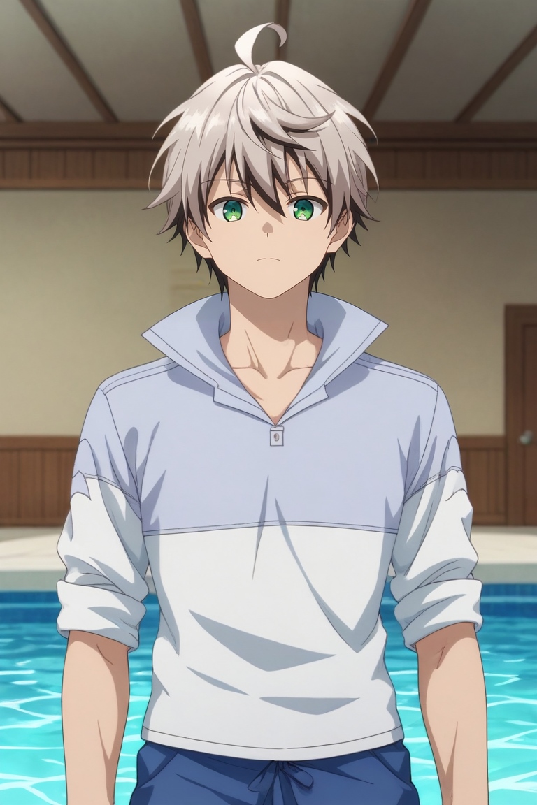 score_9, score_8_up, score_7_up, source_anime, rating_safe, , (realistic:0.6), , depth of field, 1boy, solo, male focus, <lora:rein_shroud_pony:0.8>, rein_shroud, grey hair, green eyes, short hair, multicolored hair, two-tone hair, black hair, bangs, hair between eyes, ahoge, wide angle, wide shot, cowboy shot, pool, noon, (pose), expressionless, , <lora:sdxl_lightning_8step_lora:1>