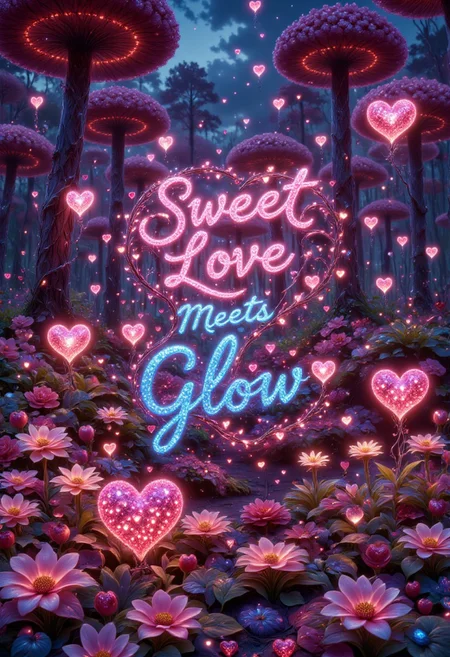sweetlove, hearts, glitters, text ("Sweet Love Meets Glow":1.1), A whimsical garden filled with glittery heart-shaped flowers, with the text "Sweet Love Meets Glow" glowing softly,aidmaGlow