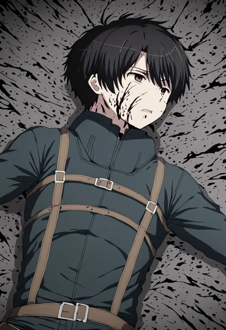 high resolution, solo, best quality, 1Boy, Inaho Kaizuka, Black Hair, fell down, revenged, dying, OverallDetail