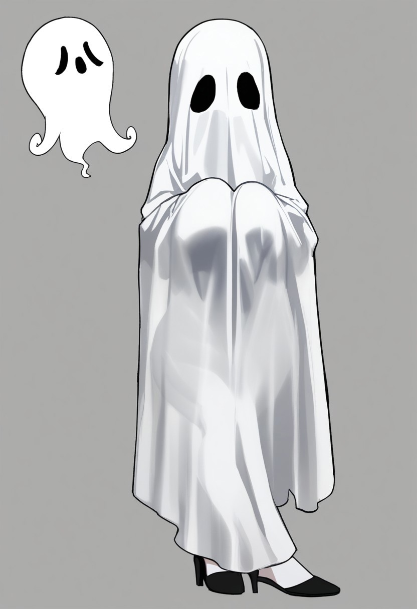 5H33TGH05T, sheet_ghost, 1girl, fishnets, high_heels, covering_face, ghost_costume