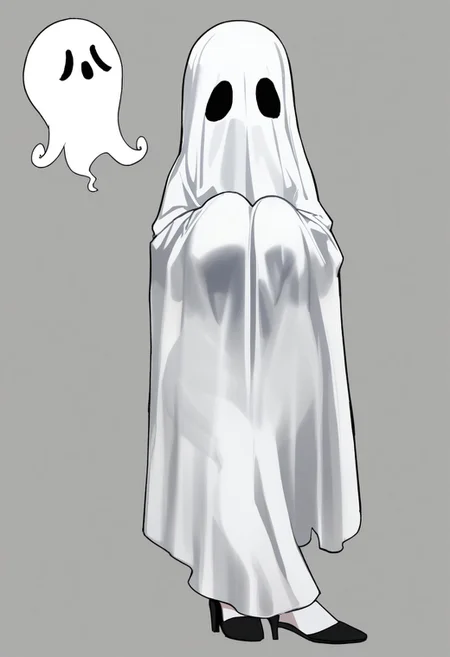 5H33TGH05T, sheet_ghost, 1girl, fishnets, high_heels, covering_face, ghost_costume