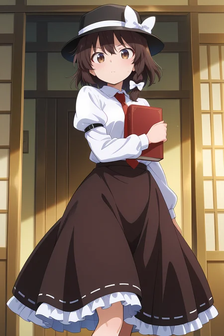 absurdres, highres, masterpiece, best quality, amazing quality, official anime artwork, screencap, anime screencap, looking at viewer, dynamic pose,
<lora:Usami-Renko_Illustrious:1> usami renko, 1girl, solo, brown hair, brown eyes, medium hair, side braid, hair bow, white bow,, black hat, red necktie, white shirt, puffy sleeves, long sleeves, brown skirt, long skirt, frilled skirt,  
holding book,