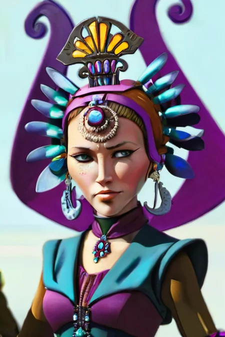 (best quality, masterpiece, beautiful and aesthetic:1.2, colorful, dynamic angle, highest detailed face) 1girl, satinekryze, monarch, jewelry, wired collarettes, ruffs, elaborate headress, headdress, royalty, upper body, noble, (high contrast, official art, extreme detailed, highest detailed)<lora:tcwwomensdxl_lora:1>