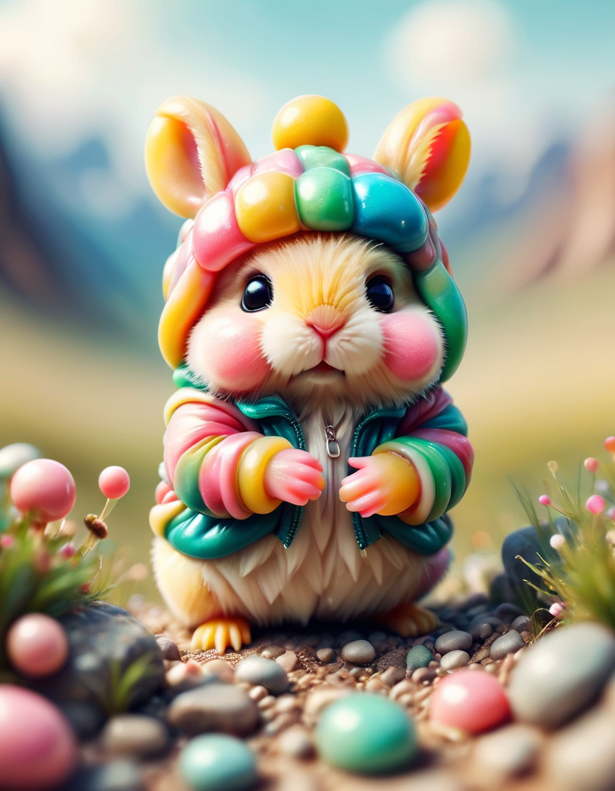 tilt-shift photo of selective focus, miniature effect, blurred background, highly detailed, vibrant, perspective control, natural Tilt Shot (Whimsically artistic) , adorable extra (fluffy: 1.3) chubby miniature pika wearing an ral-bubblegum pimp jacket and hat, dry grassland, tiny rocks, magical, macro photography, (enchanting:1.3), (luminous:1.2), (oversized flora:1.1), mystical, vibrant photography, shimmering light, dreamy, whimsical, serene, soft-focus, hyper-detailed digital art <lora:ral-bubblegum-sdxl:1> ral-bubblegum