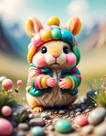 tilt-shift photo of selective focus, miniature effect, blurred background, highly detailed, vibrant, perspective control, natural Tilt Shot (Whimsically artistic) , adorable extra (fluffy: 1.3) chubby miniature pika wearing an ral-bubblegum pimp jacket and hat, dry grassland, tiny rocks, magical, macro photography, (enchanting:1.3), (luminous:1.2), (oversized flora:1.1), mystical, vibrant photography, shimmering light, dreamy, whimsical, serene, soft-focus, hyper-detailed digital art <lora:ral-bubblegum-sdxl:1> ral-bubblegum
