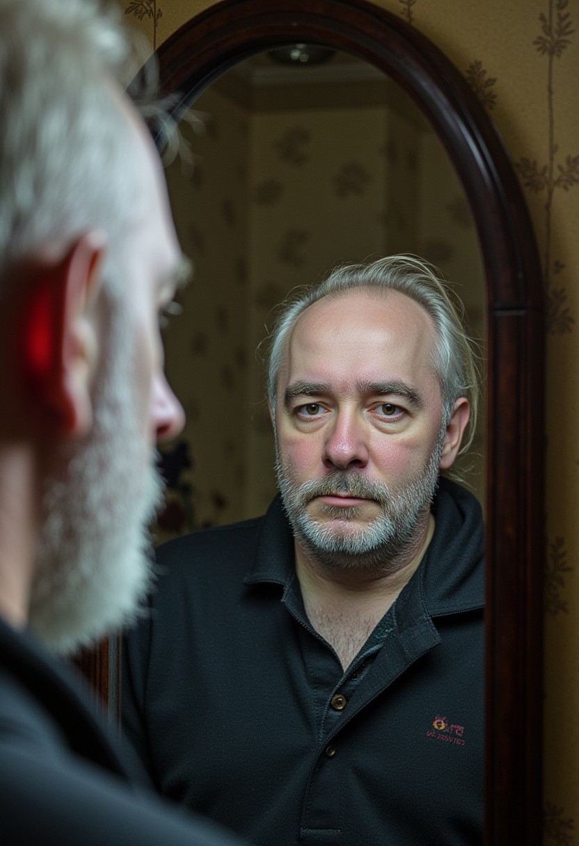 TOFYI looks at himself in the reflection and sees an old man, photograph, amateurish photo
