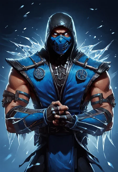 score_9, score_8_up, score_7_up, score_6_up, score_5_up, score_4_up, masterpiece, perfect face, perfect eyes, Mortal Kombat Style, solo, gloves, 1boy, weapon, male focus, cowboy shot, belt, hood, fingerless gloves, blue armor, gradient, gradient background, mask, shoulder armor, gauntlets, sheath, hood up, pauldrons, sheathed, vambraces, single pauldron, slick-looking outfit and some fancy looking knife pouches on his forearms, giving a strong ninja feel. sub_zero also has a glowing mouthpiece that he breathes out of with cold breath. The basic design gives a very classic feel with modern ideas resulting in a great version of the blue ninja., ice mist emitting on hands, mountain of ice, blizzard, sexy guy, (((Mortal Kombat Style))), 1boy, mature male, solo, standing, dynamic pose, serious, serious look, ((half body shot:1.5)), front view, male focus, looking at viewer,