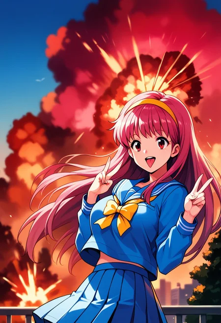 score_9, score_8_up, score_7_up, source_anime BREAK ahebomb, explosion, big explosion, upper body, tree, sky, 1girl, solo, FujisakiShiori, long hair, Yellow hairband, red hair, red eyes, pink hair, large breasts, school uniform, skirt, blue serafuku, long sleeves, blue skirt, blue long sleeve, yellow bow, pleated skirt, bow, blue sailor collar