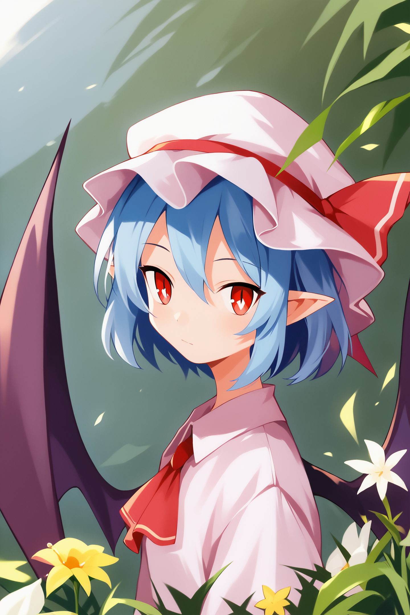 score_9,score_8_up,score_7_up,masterpiece,best quality,
1girl,solo,remilia scarlet,blue hair,hat,wings,bat wings,looking at viewer,pointy ears,upper body,long sleeves,short hair,red ribbon,white headwear,mob cap,red eyes,flower,hair between eyes,bright pupils,closed mouth,ribbon,white pupils,
<lora:Keiji Yamamoto_XL_PONY:1.4>,