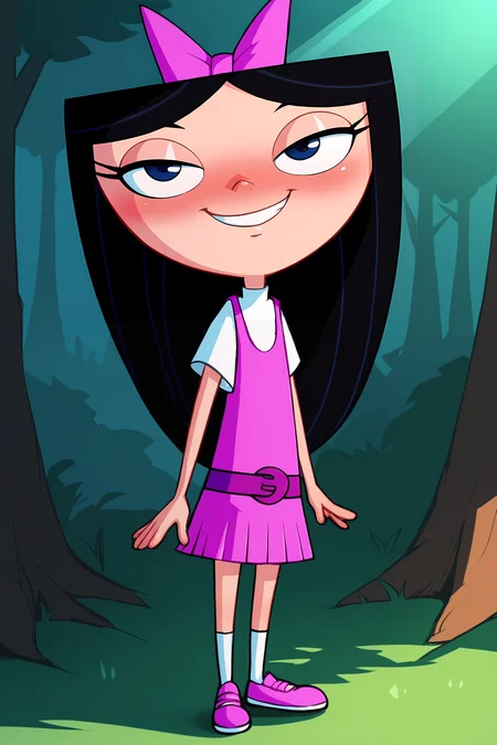 score_9, score_8_up, score_7_up, score_6_up, BREAK, IsabellaPFPXL, shortstack, blue eyes, black hair, long hair, hair bow, pink bow, flat chest, white shirt, pink dress, purple belt, pink skirt, white socks, pink shoes, solo, full body, standing, seductive smile, looking at viewer, naughty face, nose blush, forest, tree <lora:IsabellaPFPXL:1>