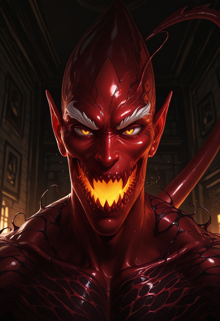 smooth, anime, Smooth Quality, indoors, bright, solo, 1boy, portrait, headshot portrait, male only, perfect anatomy, masterpiece, high quality, best quality, highres, aesthetic, athletic, red_goblin, red_symbiote, demon tail, huge tail, white eyebrows, two toned skin, red and black skin, pointy head, pointy nose, big ears, sharp teeth, glowing mouth, yellow eyes