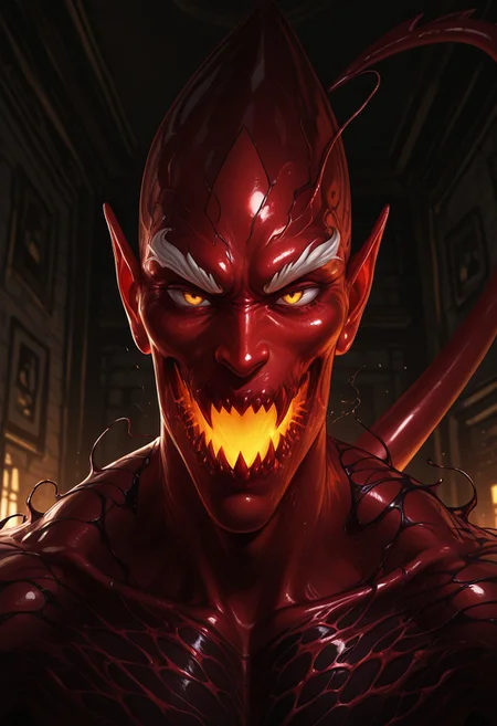 smooth, anime, Smooth Quality, indoors, bright, solo, 1boy, portrait, headshot portrait, male only, perfect anatomy, masterpiece, high quality, best quality, highres, aesthetic, athletic, red_goblin, red_symbiote, demon tail, huge tail, white eyebrows, two toned skin, red and black skin, pointy head, pointy nose, big ears, sharp teeth, glowing mouth, yellow eyes