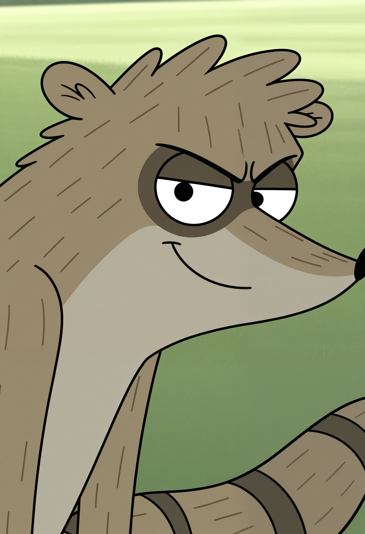 masterpiece,best quality,amazing quality, 1boy, solo, r1gby, raccoon boy, brown fur, black eyes, raccoon tail, close up, side angle, smirk, outdoors, shortstacked, looking at viewer,