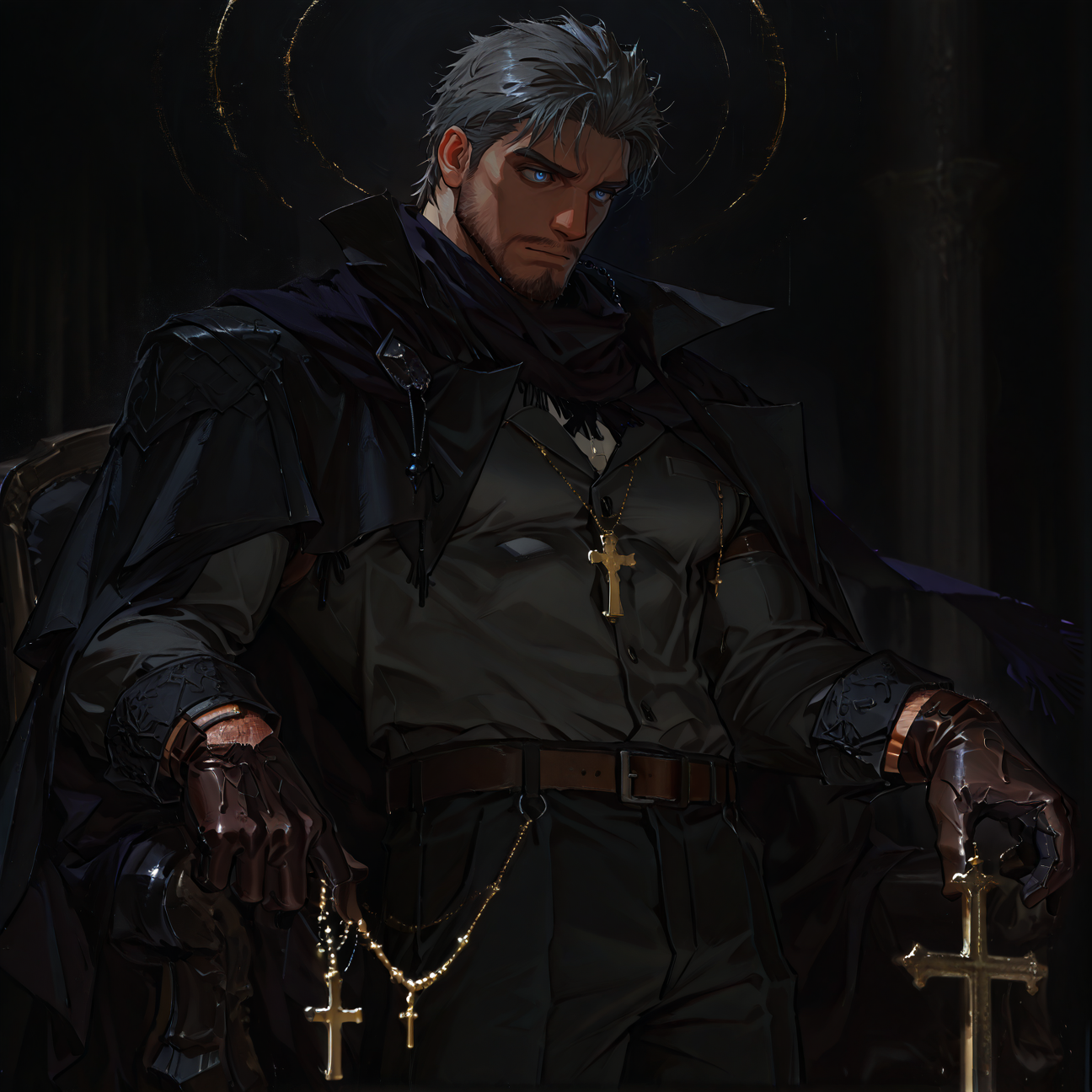 <lora:Eins__Alchemist_Code-000005:.75> tagatameeins, eins_grey hair, eins_grey eyes, 1boy, short hair, rosary, solo, male focus, manly, mature male, bara, muscular male, cape, shirt, scarf, gloves, belt, pants,
short hair, male focus, muscular male, muscular male, bara, mature, (hairy body, hairy, body hair, glossy skin, bara, mature, facial hair, beard, full beard, sideburn, mustache, stubble, male pubic hair), facial hair, bara, mature, body hair, aixiwuganda_(20222192), very awa, masterpiece, best quality, absurdres, newest, perfect quality, detailed background, intricate details,, <lora:slider_Body Type_alpha1.0_rank4_noxattn_last:3><lora:Anime Summer Days 2 Style SDXL_LoRA_Pony Diffusion V6 XL:.6><lora:merged:.7>, DARK, DARK BACKGROUND, LOW-KEY LIGHTING <lora:slider_cfg_scale_boost:.7><lora:Artist6p:.55>, Artist6p, Artist04p,<lora:slider_il_brightness_slider_d1:-.4><lora:slider_il_contrast_slider_d1:-.25>,<lora:slider_contract_controller_illus01_v1:.3>, <lora:addon_illustriousXLv01_stabilizer_v1.121:.5>,<lora:slider_DarkSlider1.2_alpha1.0_rank16_full_300steps:-.2><lora:Heavenly_Beauty_r1:1>, (heavenlybeauty,)<lora:slider_style_strength_controller_illus01_v1:.25>