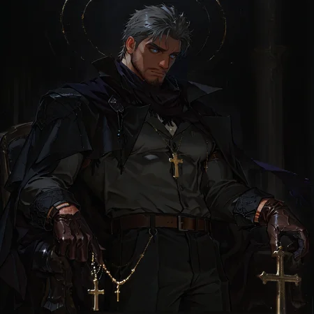 <lora:Eins__Alchemist_Code-000005:.75> tagatameeins, eins_grey hair, eins_grey eyes, 1boy, short hair, rosary, solo, male focus, manly, mature male, bara, muscular male, cape, shirt, scarf, gloves, belt, pants,
short hair, male focus, muscular male, muscular male, bara, mature, (hairy body, hairy, body hair, glossy skin, bara, mature, facial hair, beard, full beard, sideburn, mustache, stubble, male pubic hair), facial hair, bara, mature, body hair, aixiwuganda_(20222192), very awa, masterpiece, best quality, absurdres, newest, perfect quality, detailed background, intricate details,, <lora:slider_Body Type_alpha1.0_rank4_noxattn_last:3><lora:Anime Summer Days 2 Style SDXL_LoRA_Pony Diffusion V6 XL:.6><lora:merged:.7>, DARK, DARK BACKGROUND, LOW-KEY LIGHTING <lora:slider_cfg_scale_boost:.7><lora:Artist6p:.55>, Artist6p, Artist04p,<lora:slider_il_brightness_slider_d1:-.4><lora:slider_il_contrast_slider_d1:-.25>,<lora:slider_contract_controller_illus01_v1:.3>, <lora:addon_illustriousXLv01_stabilizer_v1.121:.5>,<lora:slider_DarkSlider1.2_alpha1.0_rank16_full_300steps:-.2><lora:Heavenly_Beauty_r1:1>, (heavenlybeauty,)<lora:slider_style_strength_controller_illus01_v1:.25>
