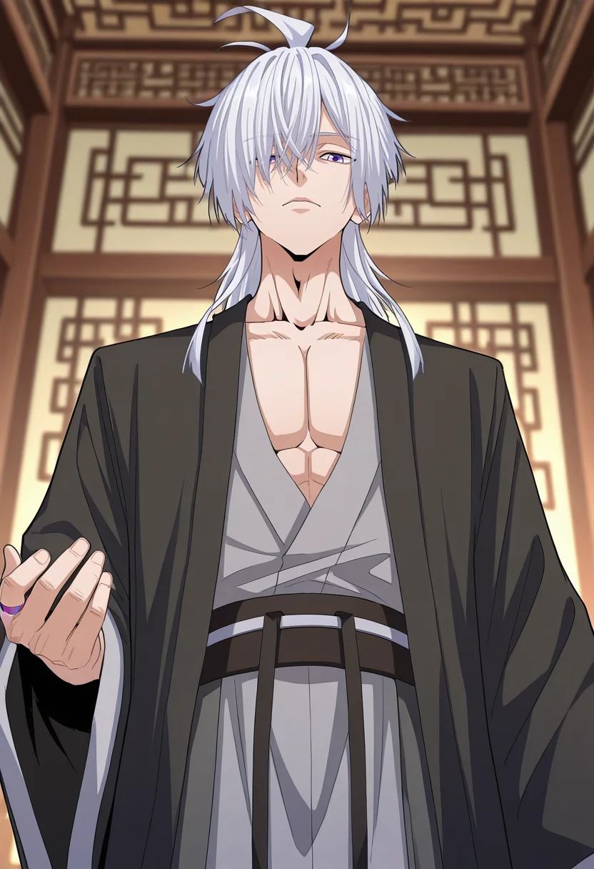 masterpiece, best quality, amazing quality,high resolution,intricate details,official style,depth of field,anime screencap , , , 1boy, solo, male focus,<lora:zhou_yi-fan:0.78>,zhuo-yi fan,white hair,long hair,light purple eyes, looking at viewer, long sleeves, closed mouth, collarbone, upper body, indoors,chinese hanfu,black coat,grey hanfu,wide sleeves,black waistband,hair over eye, pectorals,purple ring,hand up,from below,looking down