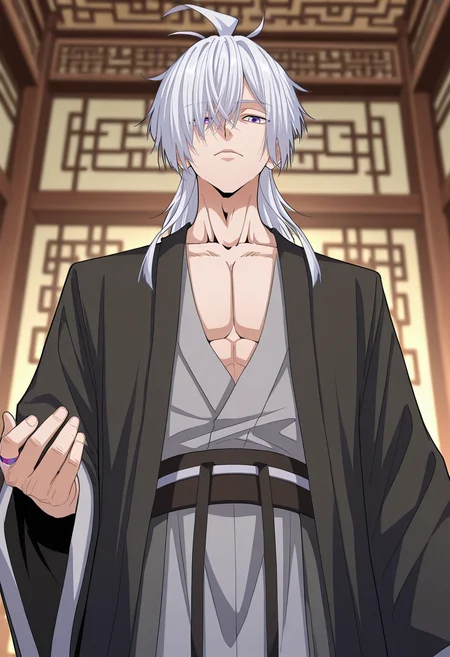 masterpiece, best quality, amazing quality,high resolution,intricate details,official style,depth of field,anime screencap , , , 1boy, solo, male focus,<lora:zhou_yi-fan:0.78>,zhuo-yi fan,white hair,long hair,light purple eyes, looking at viewer, long sleeves, closed mouth, collarbone, upper body, indoors,chinese hanfu,black coat,grey hanfu,wide sleeves,black waistband,hair over eye, pectorals,purple ring,hand up,from below,looking down