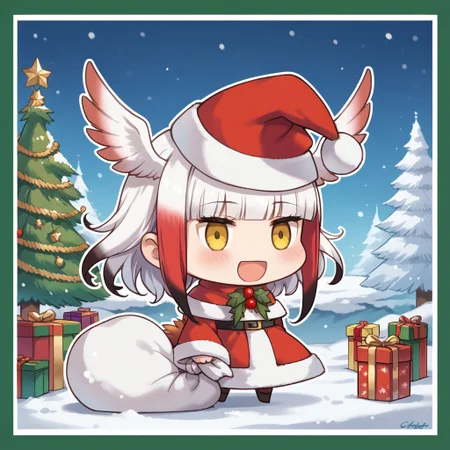 score_9, score_8_up, score_7_up, masterpiece, best quality, zzPadoru, blush, smile, open mouth, meme, holding sack, santa hat, dress, 1girl, solo, japanese crested ibis (kemono friends), head wings, multicolored hair, two-tone hair, white hair, red hair, long hair, blunt bangs, bangs, sidelocks, yellow eyes, bird tail, tail, long sleeves, wide sleeves, chibi, snow, Christmas tree, Christmas lights, Christmas border, red and green border, Christmas wreath border, presents, Christmas_card_outline