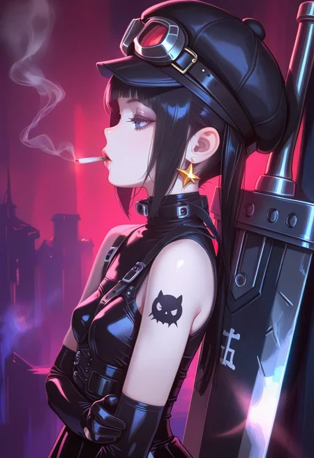 masterpiece, best quality, good quality, newest, very awa, 
1girl, hat, goggles, Buster Sword R5, tattoo, goth, side view, smoking, star earrings,