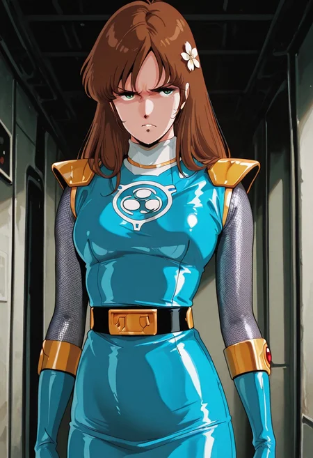 masterpiece,best quality,amazing quality, absurdres, <lora:hayase_misa_the_super_dimension_fortress_macross_ilxl_goofy:1>  hayase misa, 1980s \(style\), 1girl, breasts, green eyes, hair flower, hair ornament, long hair, medium breasts,  angry,solo,sentaikageblue, shiny clothes, spandex, silver bodysuit, fishnet bodysuit, bodysuit under clothes, aqua dress, shoulder pads, aqua skirt, black belt, aqua gloves,midriff