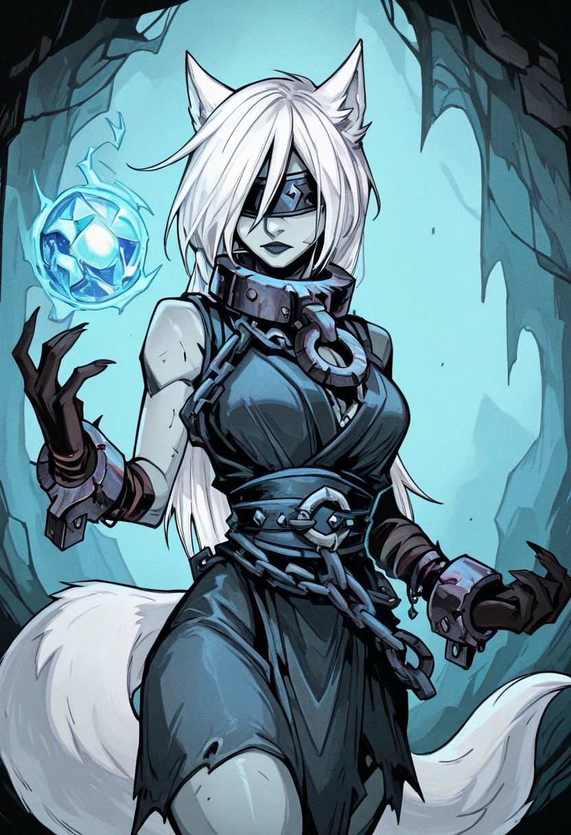 masterpiece, best quality, newest, absurdres, highres, 
TTCSV1.0, 1girl, RKRAV1.1, white hair, fox ears, animal ears, tail, chains, blindfold, fox tail, tail, cuffs, shackles, chain, RKCAStyleV1.0, Ruineddd-V1.1