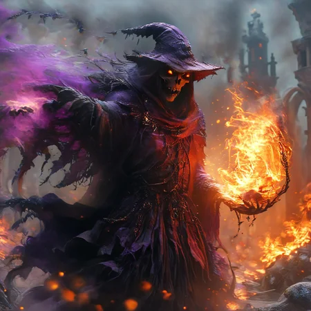 an action shot of a witch fighting a fantasy skeletal monster, purple magic, billowing black robe, necromancer raising skeletons, holding an orb evil magic, graveyard in background, flames, magic, massive skeleton beast with wings and multiple eyes, Bosstyle, hkstyle, hkmagic, HD, masterpiece, best quality, hyper detailed, ultra detailed, super realistic