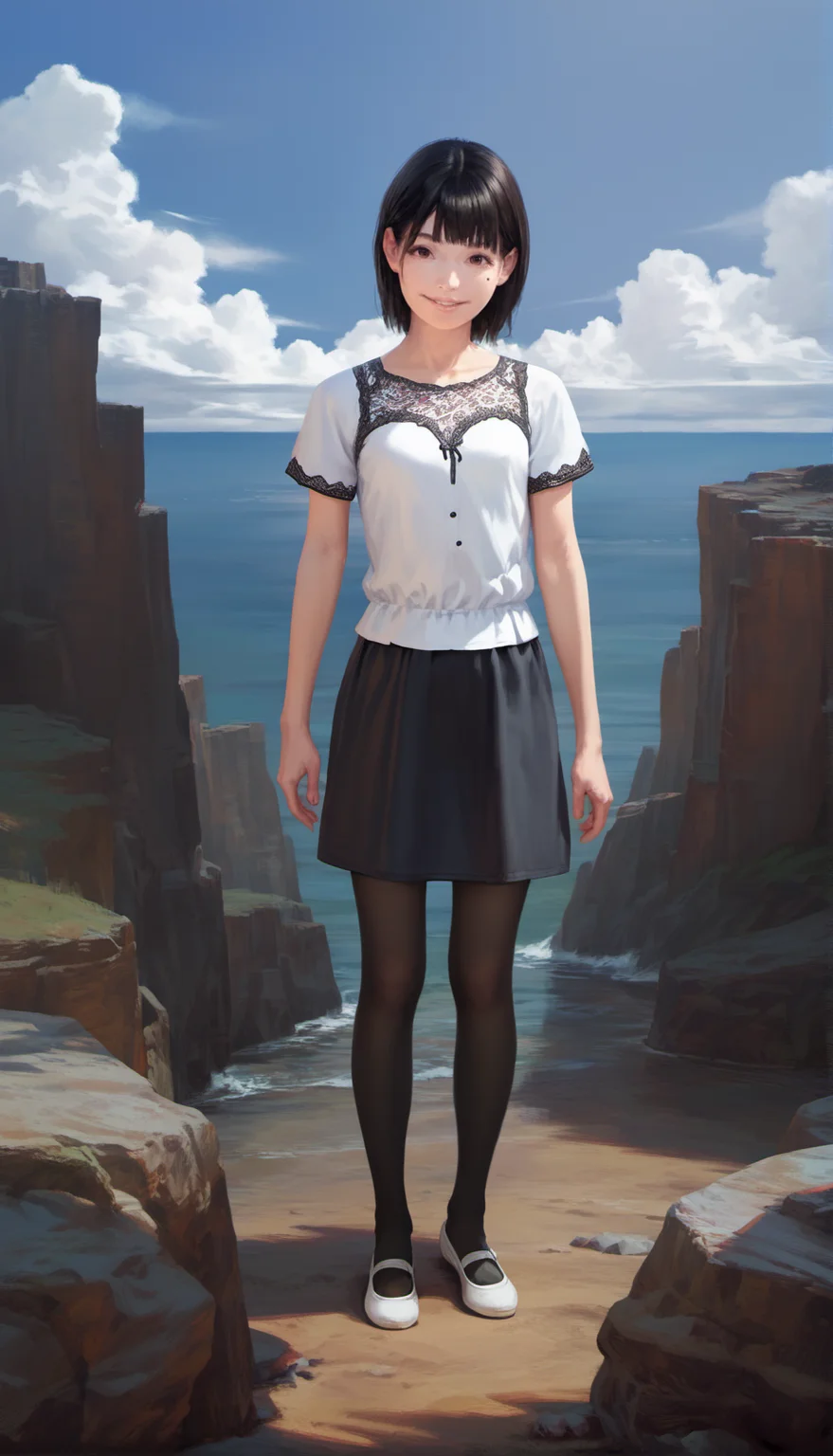 score_9,score_8_up,score_7_up,<lora:ChisatoShinjo:1>,
chisatoshinjo,
realistic,
1girl,solo,black hair,short hair,bangs,brown eyes,beauty mark,
looking at viewer,parted lips,smile,
white blouse with lace details,black skirt,black pantyhose,white flat shoes,
full body,standing,
outdoors,wooden structure,rocky cliffs,green hills,sea,blue sky with clouds,peaceful bright day,slightly windy atmosphere,