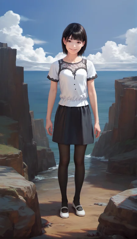 score_9,score_8_up,score_7_up,<lora:ChisatoShinjo:1>,
chisatoshinjo,
realistic,
1girl,solo,black hair,short hair,bangs,brown eyes,beauty mark,
looking at viewer,parted lips,smile,
white blouse with lace details,black skirt,black pantyhose,white flat shoes,
full body,standing,
outdoors,wooden structure,rocky cliffs,green hills,sea,blue sky with clouds,peaceful bright day,slightly windy atmosphere,