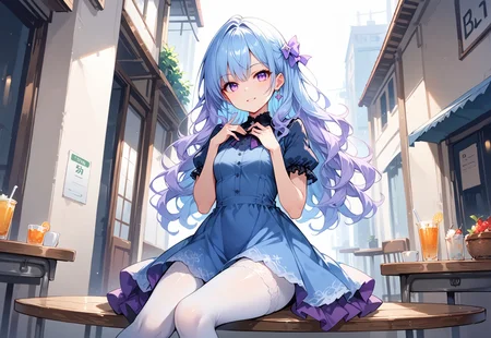 score_9, score_8_up, score_7_up, score_6_up, score_5_up, score_4_up, source_anime, solo, flat color, dark theme, 1girl, babblty, purple eye, long blue hair, wavy hair, blue to purple gradient, blue dress, white tights, looking at viewer, MythAn1m3, waist-high art, babblty sitting in a cafe