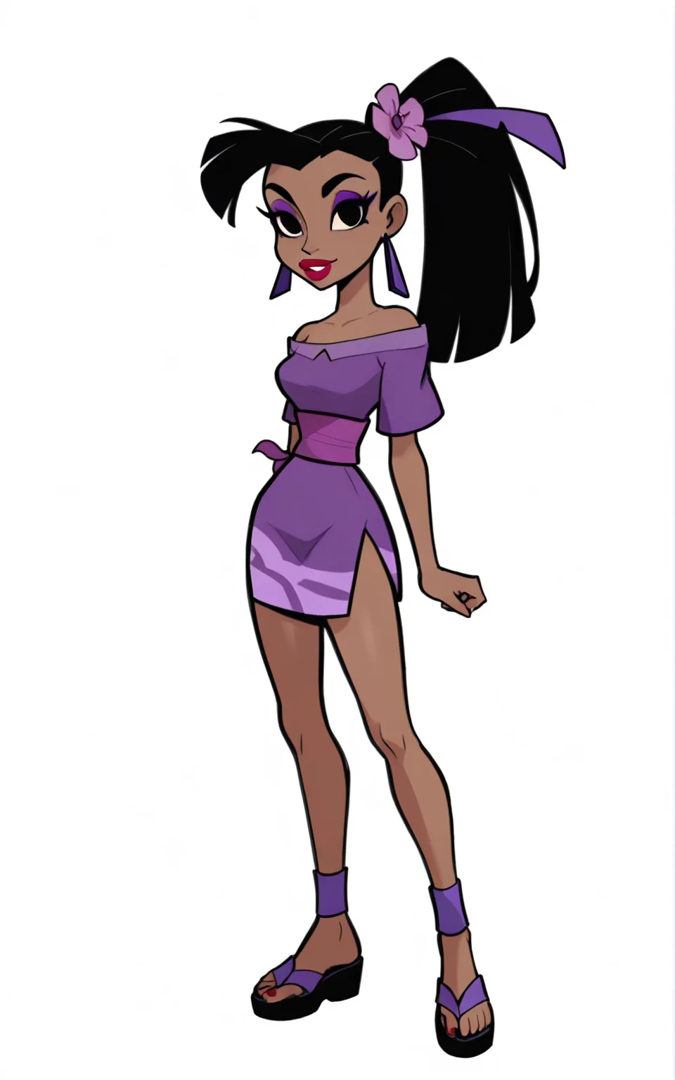 best quality, absurdres,full body, <lora:BolivanteStyleITS:0.8>, <lora:YITENSITS:0.8>, YITENSITS, dress, purple dress, short dress, side slit, sash purple sash, black hair, ponytail, hair ornament, black eyes, dark skin, dark-skinned female, makeup, sandals, red lips, bare shoulder, short sleeves, earrings,white background,slim,hair flower,standing