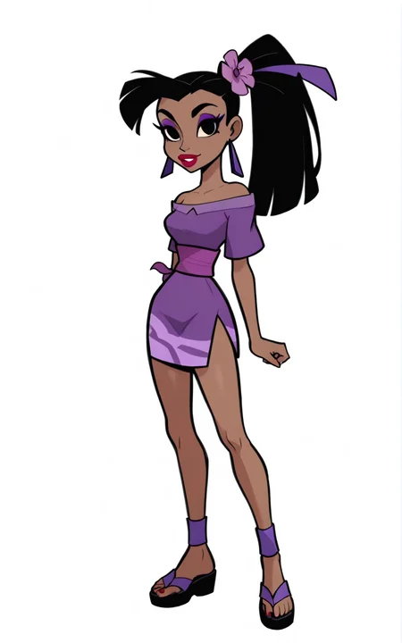 best quality, absurdres,full body, <lora:BolivanteStyleITS:0.8>,  <lora:YITENSITS:0.8>, YITENSITS, dress, purple dress, short dress, side slit, sash purple sash, black hair, ponytail, hair ornament, black eyes, dark skin, dark-skinned female, makeup, sandals, red lips, bare shoulder, short sleeves, earrings,white background,slim,hair flower,standing